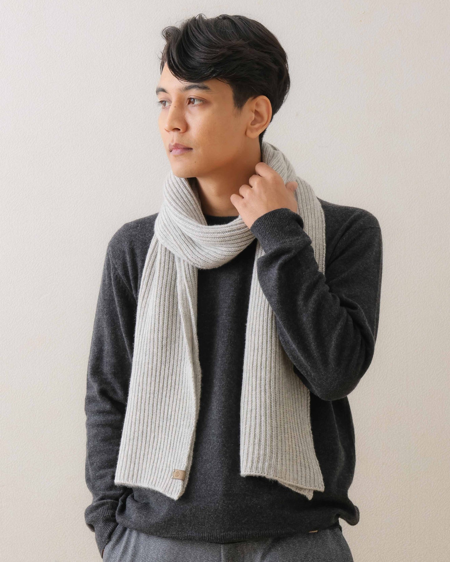 カシミヤ リブ スカーフ　ライトグレー UNISEX